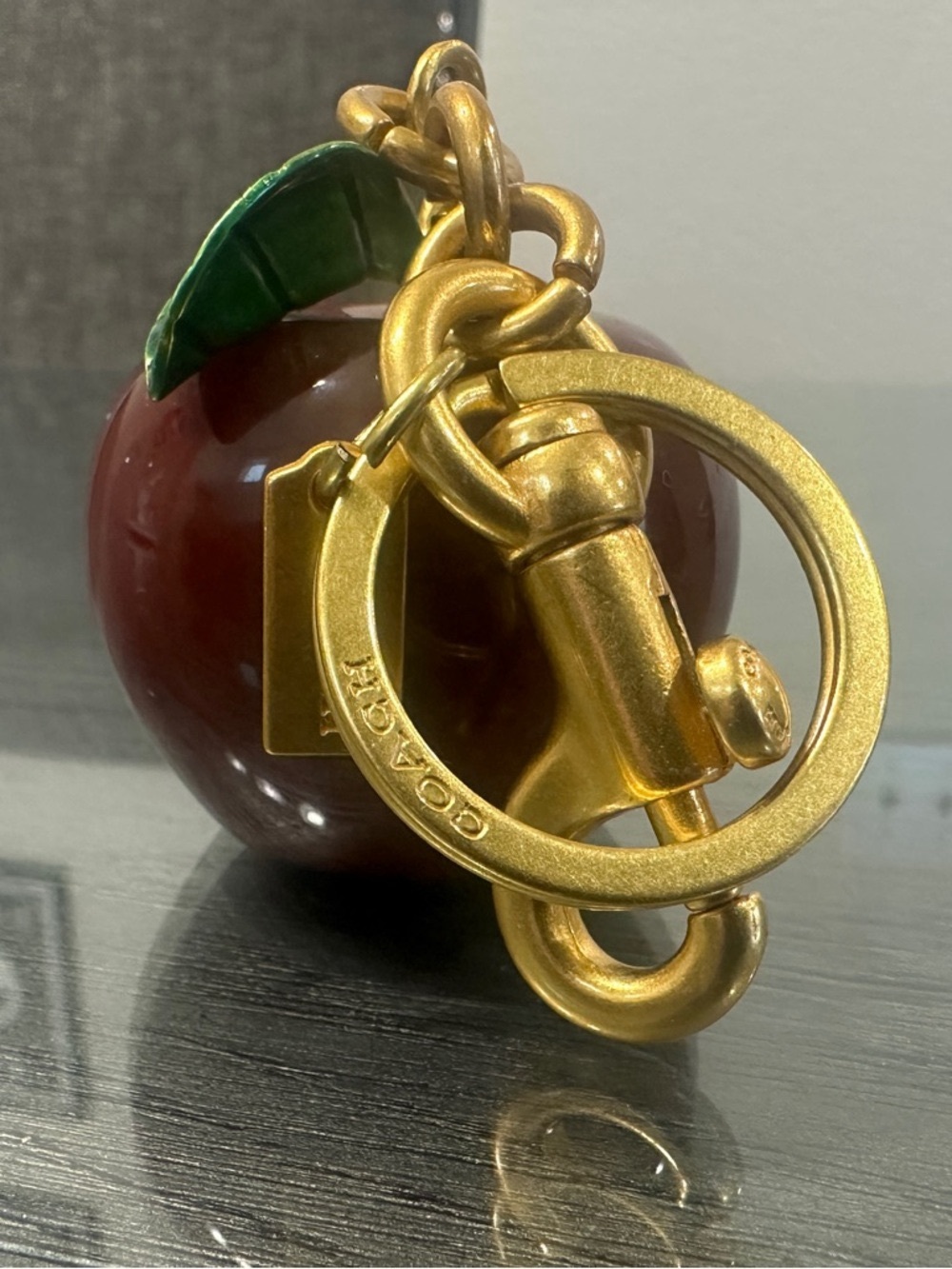 Coach Apple Keychain Charm in Deep Red with Green Leaf and Gold Hardware